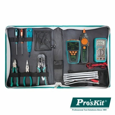 Conjunto de ferramentas Pro'sKit em bolsa aberta com vários instrumentos e acessórios