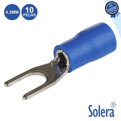 Conector elétrico tipo forqueta com isolamento azul e metal prateado