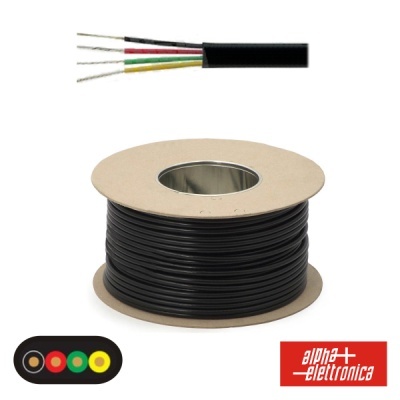 Rolo de cabo elétrico preto com fios coloridos e logótipo alpha elettronica