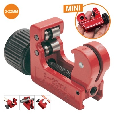 Cortador de tubos vermelho e preto ajustável para 3 a 22 mm, com etiqueta MINI e 3-22MM