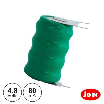 Bateria recarregável cilíndrica verde com terminal metálico e especificações 4.8 volts 80 mA