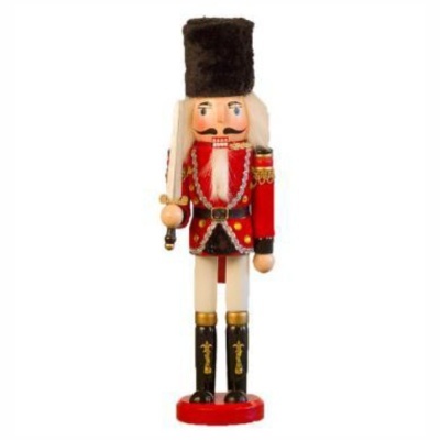 Boneco de madeira do Quebra-Nozes, com roupa vermelha, chapéu preto e espada dourada