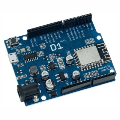 Placa eletrónica azul com componente ESP8266 e etiquetas como RESET e WiFi