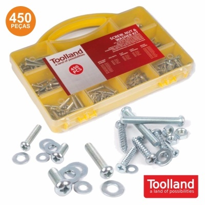 Conjunto 450 peças ferramentas Toolland com parafusos e arruelas em estojo amarelo