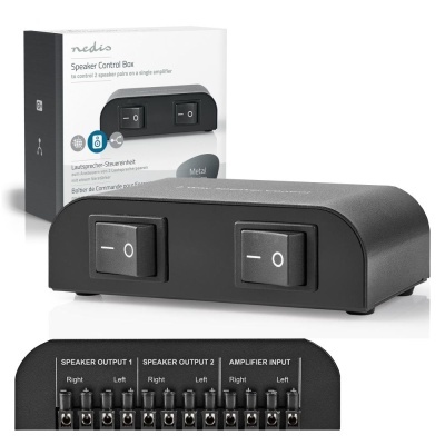 Caixa de controlo para colunas Nedis em metal preto com dois interruptores e várias conexões etiquetadas