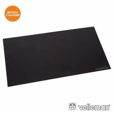 Tapete preto retangular com texto MEDIDA 215x240MM e logo Velleman