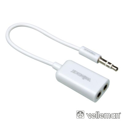Adaptador de áudio branco Velleman com conector jack 3,5 mm e duas portas fêmeas.