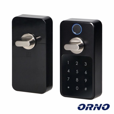 Fechadura eletrónica preta com teclado e botão giratório metálico