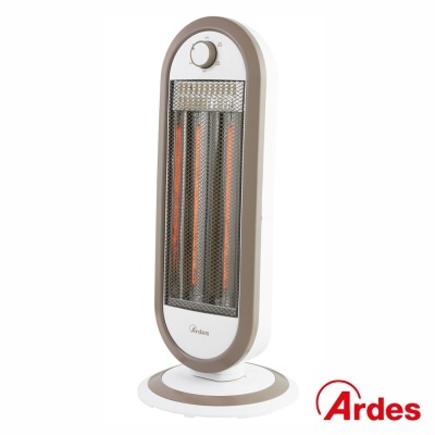 Aparelho de aquecimento elétrico branco e cinza com resistências laranja visíveis