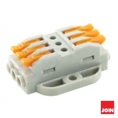 Conector elétrico branco com alavancas laranjas e 6 terminais
