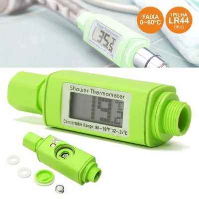 Termómetro digital verde para duche com visor mostrando temperatura e texto em inglês.