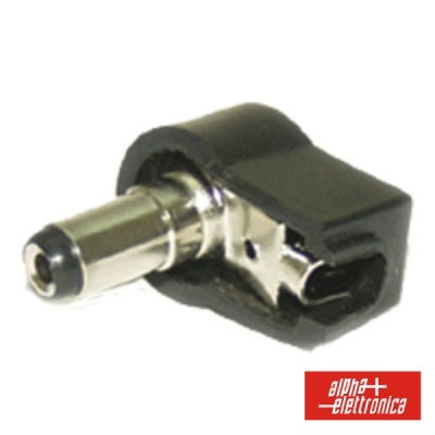 Conector de alimentação AC/DC com plugue metálico e revestimento preto com logótipo ALPHA ELETTRONICA