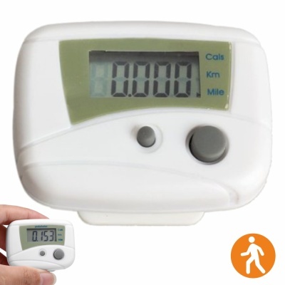 Contador de passos digital branco com ecrã LCD e botões cinza