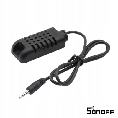 Sensor Sonoff preto com cabo preto e conector de áudio 3,5 mm