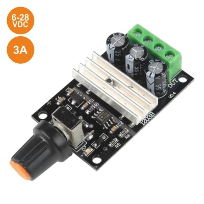 Placa eletrónica preta com componentes e potenciômetro com ponta laranja