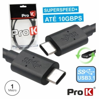 Cabo USB tipo C preto Pro K com texto SUPERSPEED+ ATÉ 10GBPS e embalagem