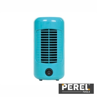 Ventoinha ou aquecedor portátil azul com grelha e botão liga/desliga, logótipo PEREL