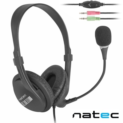 Auricular preto Natec com microfone ajustável e conectores jack rosa e verde