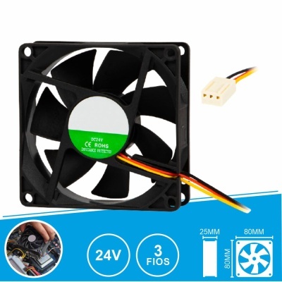 Ventoinha de computador preta com cabo de 3 fios coloridos e conector branco