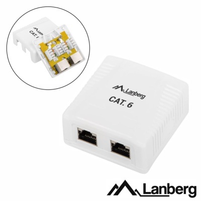Adaptador de rede Lanberg CAT.6 branco com duas portas RJ45 e logotipo preto