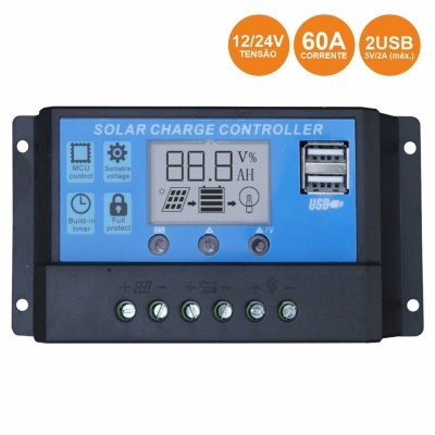 Controlador de carga solar azul e preto com visor digital e seis terminais