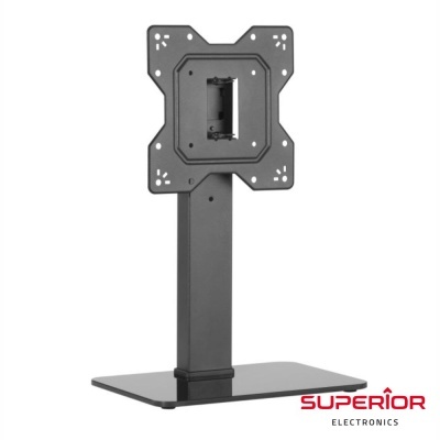 Suporte metálico preto para monitor com base de vidro e logótipo Superior Electronics