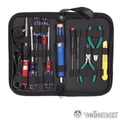 Estojo preto aberto com diversas ferramentas visíveis e logótipo Velleman