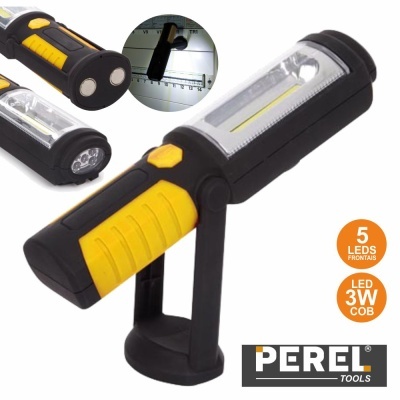 Lanterna de trabalho preta e amarela com LEDs e base de suporte da PEREL TOOLS