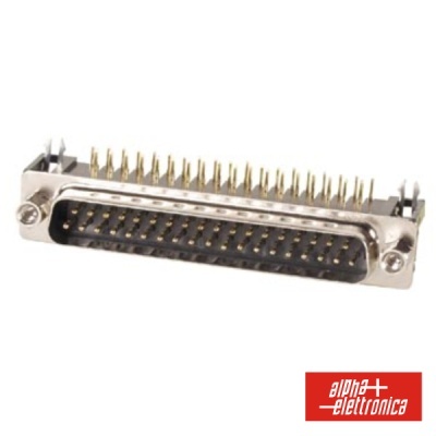 Conector DB-50 macho metálico com pinos dourados e logótipo alpha elettronica