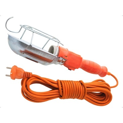 Lâmpada de inspeção portátil com cabo laranja e proteção metálica