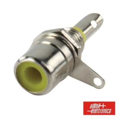 Conector RCA fêmea metálico com isolamento amarelo e suporte de fixação