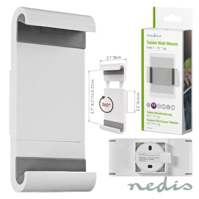 suporte de parede para tablet Nedis branco e cinza com rotação 360 graus e dimensões visíveis