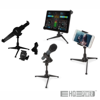 Suportes pretos para microfone, tablet e smartphone com tripé, fundo branco