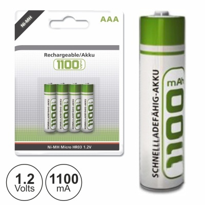 Conjunto de quatro pilhas recarregáveis AAA Ni-MH com embalagem e uma pilha individual com texto