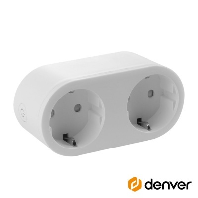 Tomada dupla branca de parede com dois orifícios para plugues e botão de ativação, marca Denver