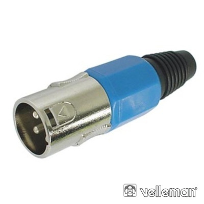 Conector XLR macho azul e preto com três pinos e corpo metálico