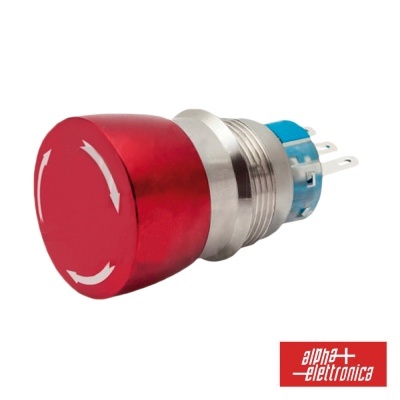 Botão de pressão vermelho com setas brancas e estrutura metálica