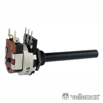 Potenciómetro rotativo com eixo longo em plástico preto e base castanha