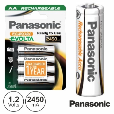 Pacote de quatro pilhas recarregáveis Panasonic AA, capacidade 2450 mAh