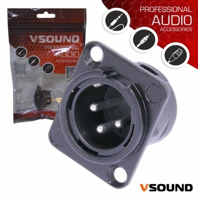 Adaptador de áudio preto com três pinos e embalagem VSOUND