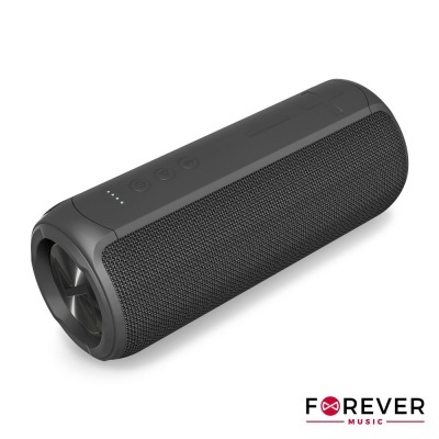 Coluna de som portátil preta cilíndrica com botões no topo e LEDs