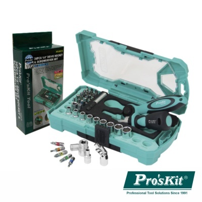 Conjunto de ferramentas Pro'sKit com chaves de fenda, soquetes e bits em caixa verde-água