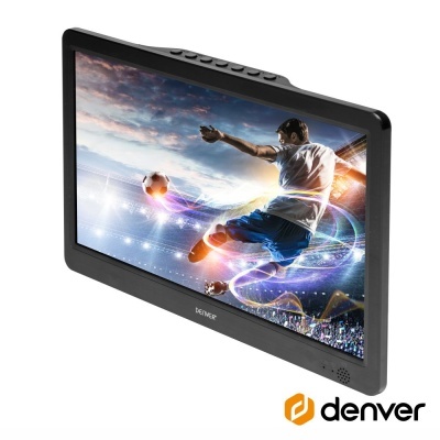 Monitor digital preto da marca Denver a mostrar jogador de futebol em ação