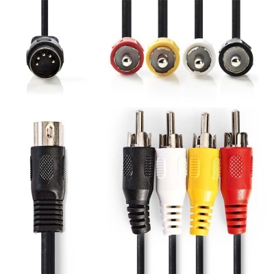 Cabos de áudio e vídeo com conectores RCA coloridos e conector DIN preto.