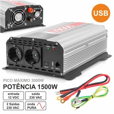 Inversor de corrente prateado com tomadas, cabos e indicadores LED