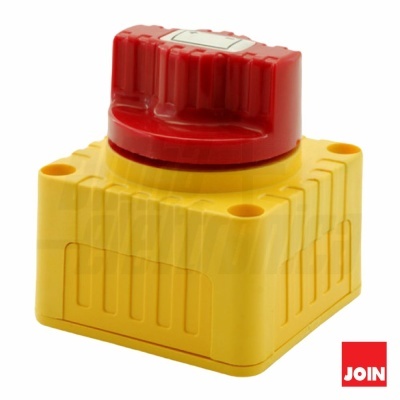 Interruptor rotativo amarelo com botão vermelho e logótipo JOIN