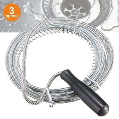 Mola desentupidora metálica com cabo preto e indicação '3 METROS'