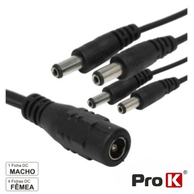 Cabos de alimentação DC com 1 ficha macho e 4 fichas fêmea preto