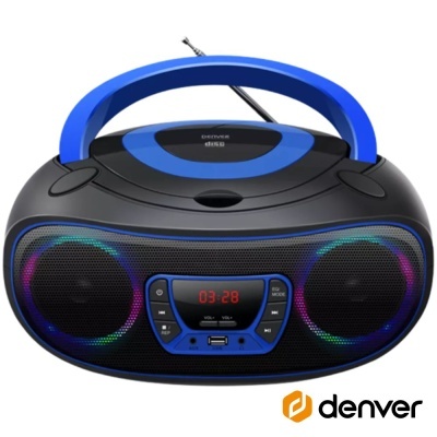 Rádio portátil preto e azul com altifalantes LED coloridos e ecrã digital