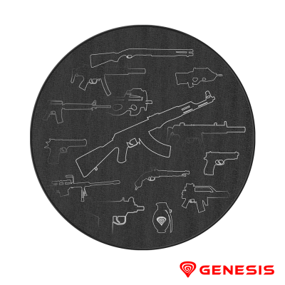 Tapete redondo preto com armas de fogo estilizadas e logótipo Genesis vermelho
